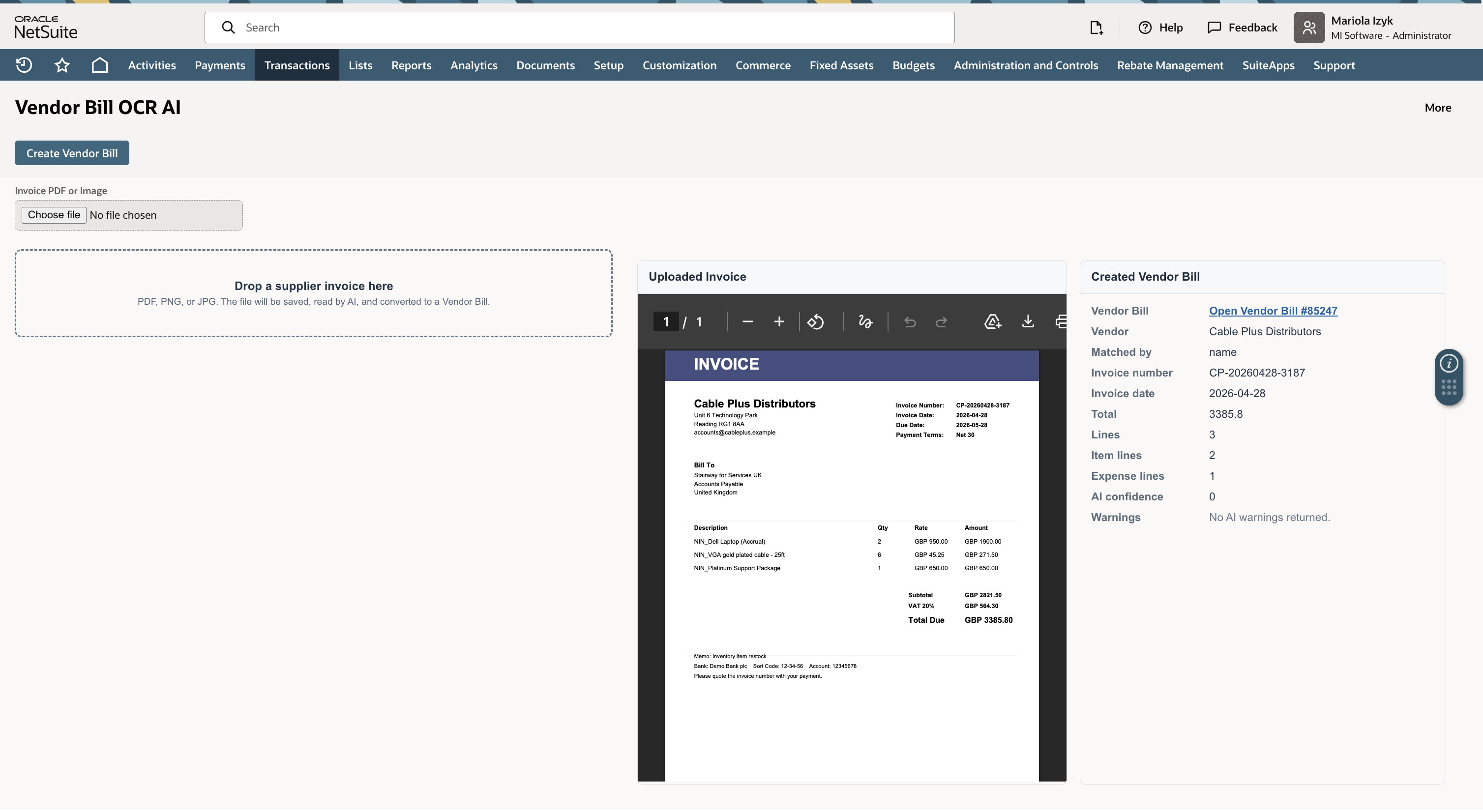 Vendor Bill OCR AI custom NetSuite solution screenshot